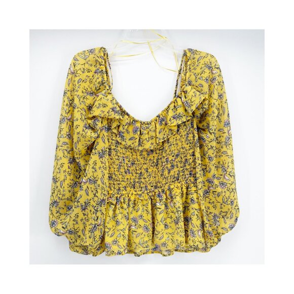 Astr ASTR Yellow Ruffle off the Shoulder Smocked Floral Top Oversized Sleeves - Picture 2 of 9